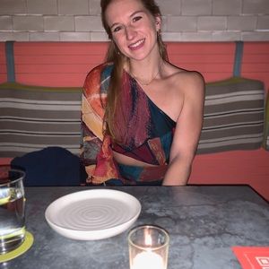 Colorful one sleeve dress with torso slit from Lu Bella Boutique Rockaway.